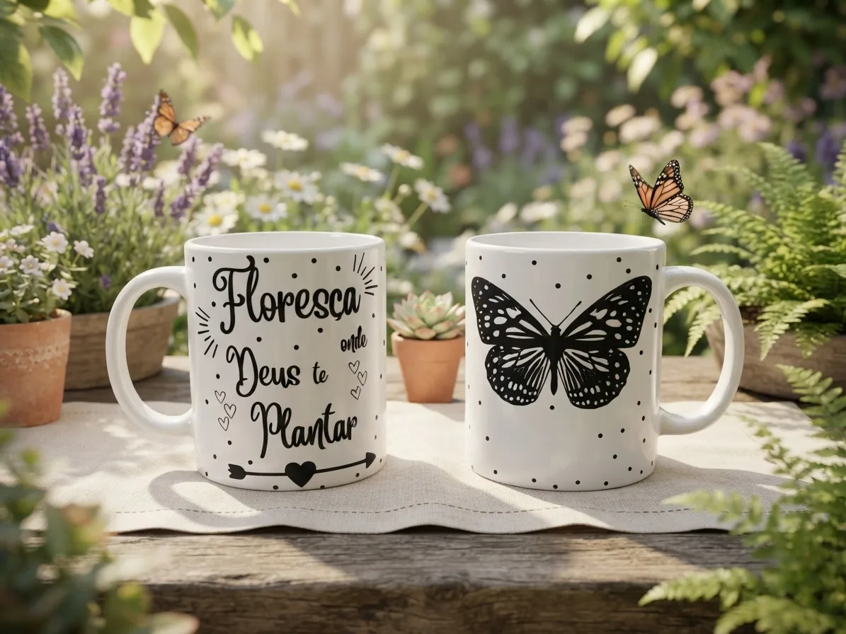 Caneca personalizada bbell: Caneca de Ceramica Floresca Onde Deus Te Plantar com Estampa de Borboleta Inspiradora