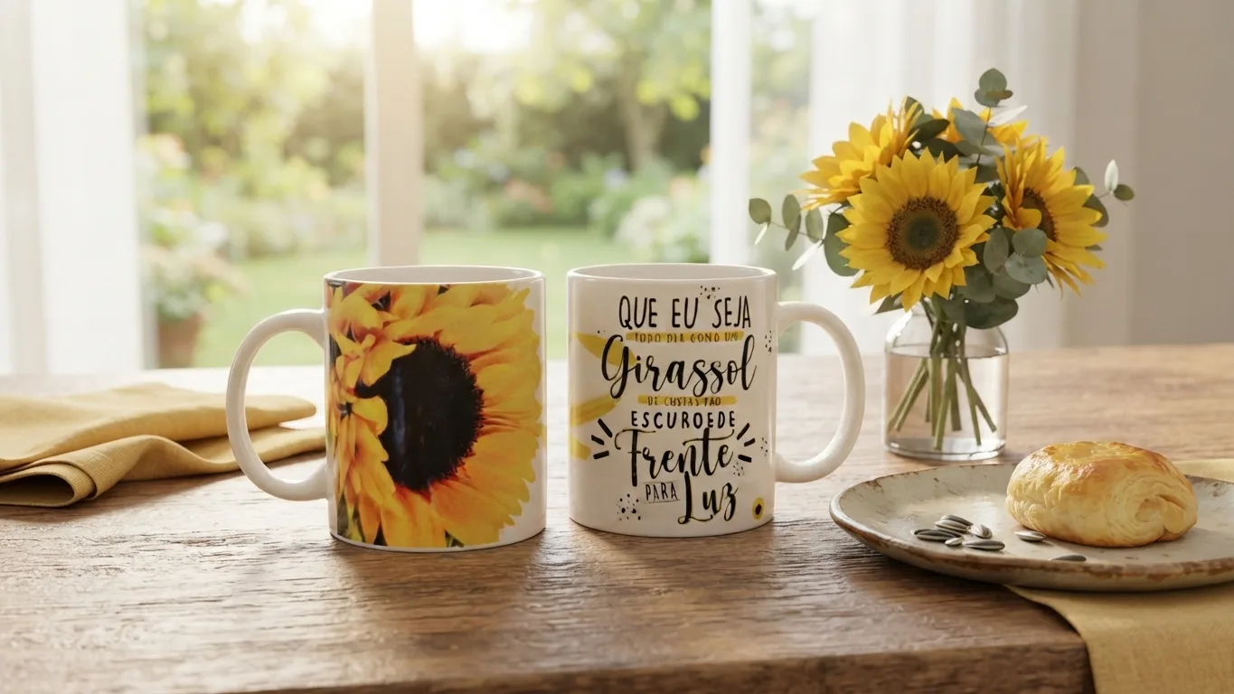 Caneca personalizada bbell: Caneca de Ceramica Estampada Girassol com Mensagem Motivacional