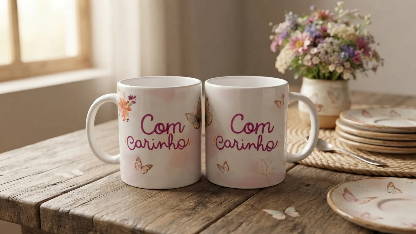 Caneca personalizada bbell: Caneca de Cerâmica Com Carinho Estampa de Borboletas para Presente